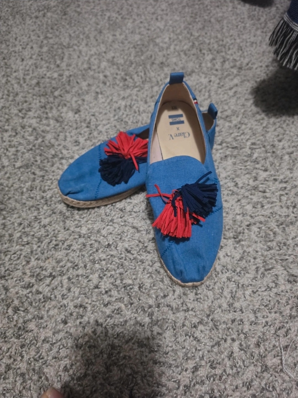 Toms Blue Espadrille Mule with Red & Navy Tassels